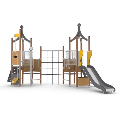 Αυτή η εντυπωσιακή μονάδα παιχνιδιού είναι ιδανική για μια μικρή περιπέτεια. Οι 2 καλύβες συνδέονται μεταξύ τους με το δίχτυ αναρρίχησης, αποτελώντας μια πρόκληση για τα παιδιά. Ο τοίχος αναρρίχησης με κλίση είναι ιδανικός για δοκιμή αντοχής και συντονισμού και η χοάνη άμμου , ο σωλήνας και το κουβαδάκι προσθέτουν ένα επιπλέον στοιχείο διασκέδασης στη μονάδα.