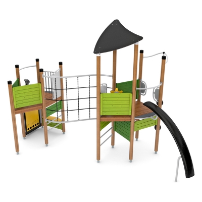 Αυτή η διαμόρφωση δύο πύργων προσφέρει πολλαπλές επιλογές αναρρίχησης και ολίσθησης, ώστε τα παιδιά να βρίσκονται συνεχώς σε κίνηση και να βελτιώνουν τα επίπεδα φυσικής τους κατάστασης. Ο χώρος στο ισόγειο, με παιχνίδια για την εξάσκηση της νοητικής ευκινησίας και την ανάπτυξη δεξιοτήτων γραφής και αναγνωσης, θα καλωσορίζει χρήστες αναπηρικών αμαξιδίων, εφόσον η πρόσβαση καθίσταται δυνατή χάρη στην επαρκή επίστρωση.