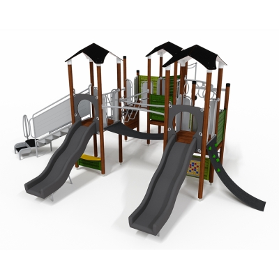 Το UniPlay Denali έχει σχεδιαστεί για να καλύπτει μια ποικιλία προτιμήσεων και ικανοτήτων παιχνιδιού. Αυτή η μονάδα πολλαπλών πύργων διαθέτει πρόσβαση μεταφοράς, αναρριχητικό στύλο, συνδέσμους γέφυρας και στεφανιού, πολλαπλούς τοίχους αναρρίχησης, διπλές τσουλήθρες, πάνελ καταστήματος και παιχνιδιών κάτω από το κατάστρωμα, καθώς και σωλήνες ομιλίας για περιπέτειες επικοινωνίας. Τα χαρακτηριστικά παιχνιδιού στο επίπεδο του εδάφους περιλαμβάνουν πάνελ παιχνιδιών και πάγκο καταστήματος, ενώ η αντοχή του άνω μέρους του σώματος μπορεί να δοκιμαστεί με μπάρες της μαϊμούς.